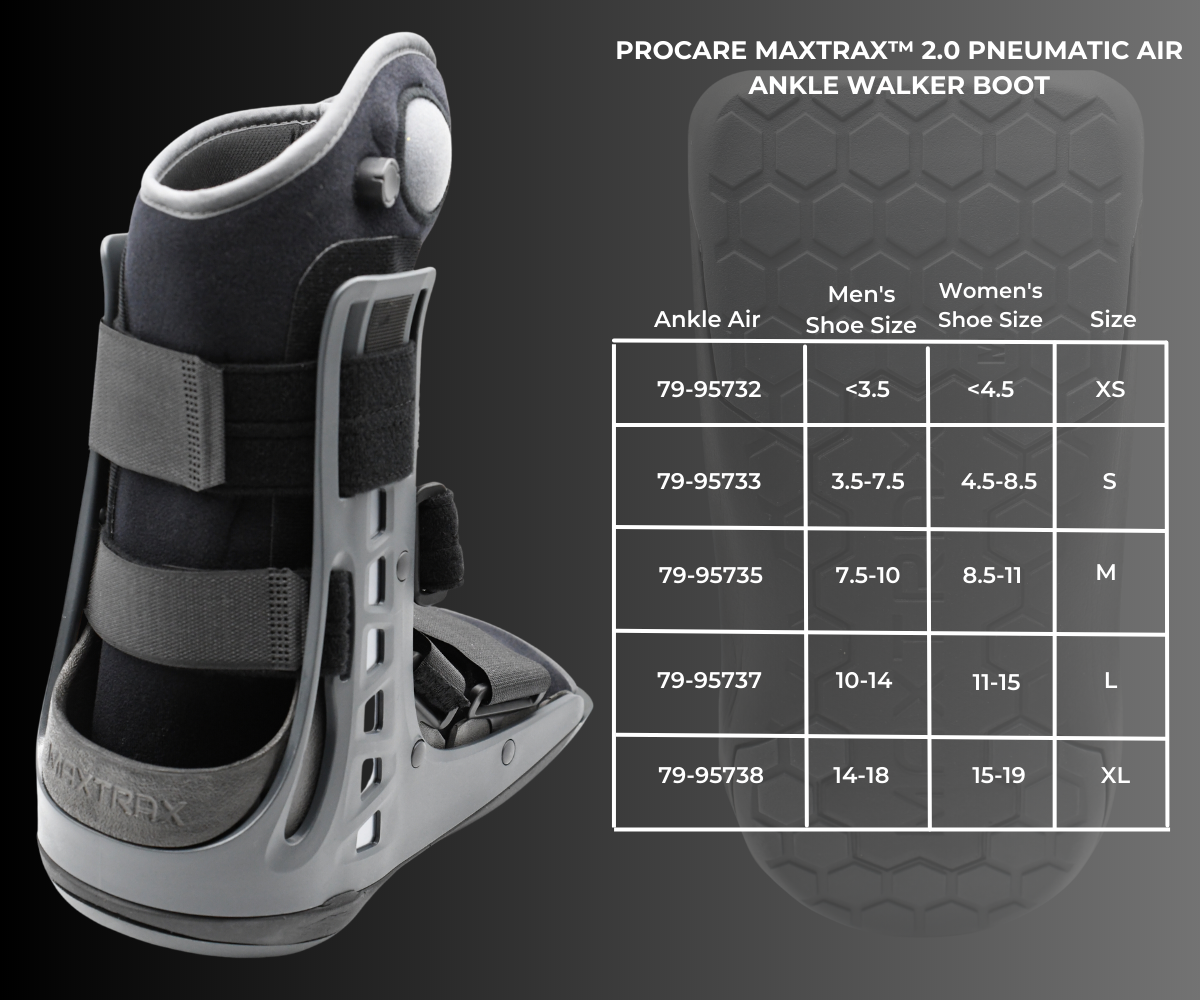 Enovis™ PROCARE MAXTRAX™ 2.0 Ankle Air Pneumatic Walker Boot Size Chart.